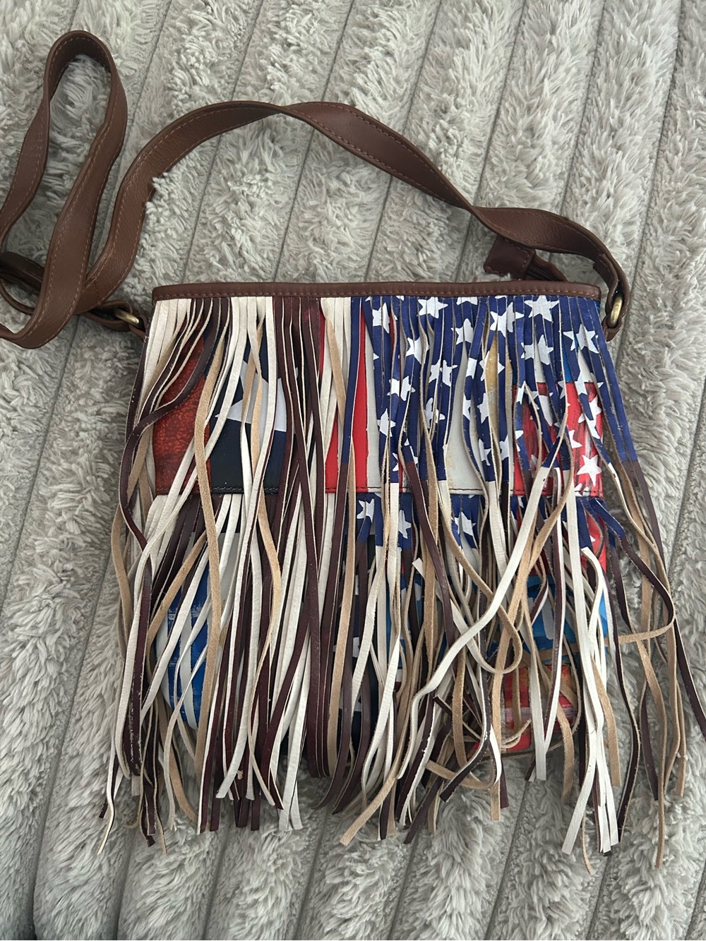 Sharif hand painted Stars & Stripes bag with fringe - EUC